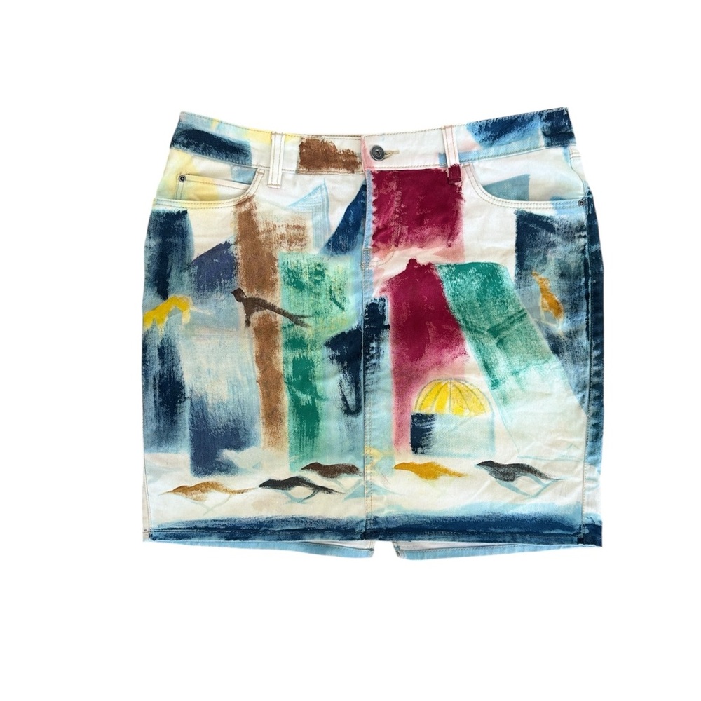 Anthropologie Hand Painted Abstract Denim Pencil Skirt